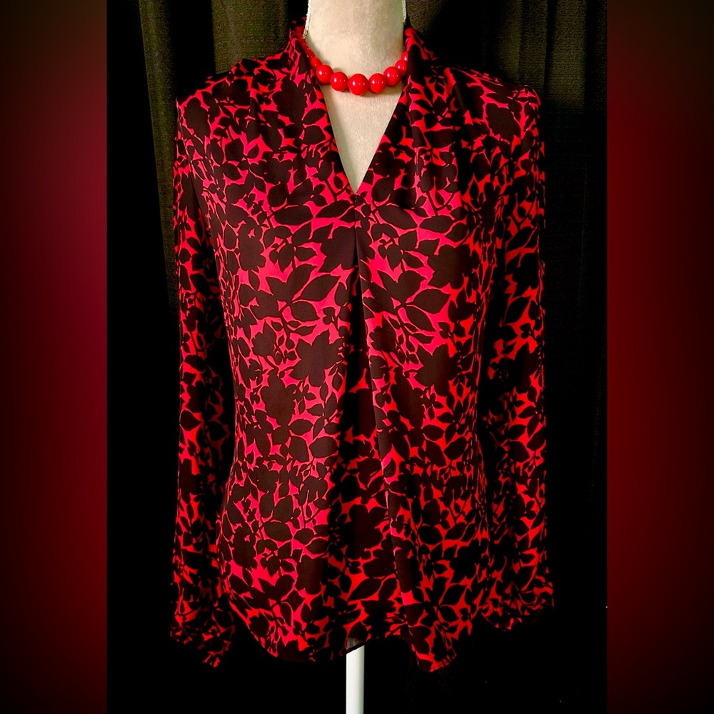 Michael Kors Red, Black Floral Long-Sleeve Blouse, Size M